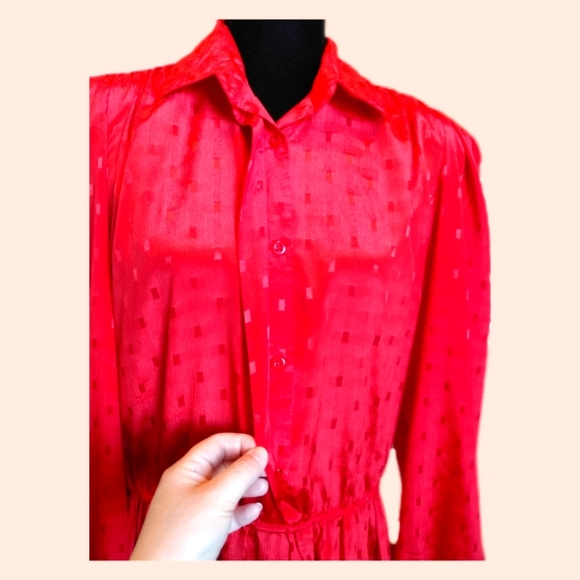 🔴 SALE VTG 80's Embossed Pattern Long Sleeve Button-Up Dress - Picture 8 of 10